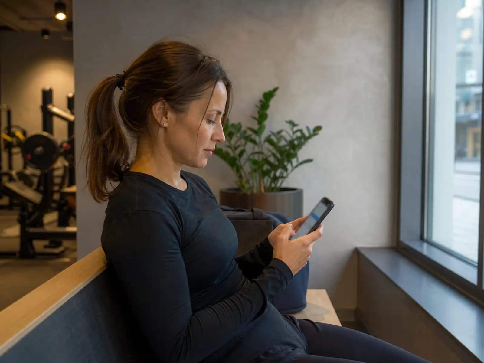 Klientka pisze na telefonie przy oknie w holu siłowni