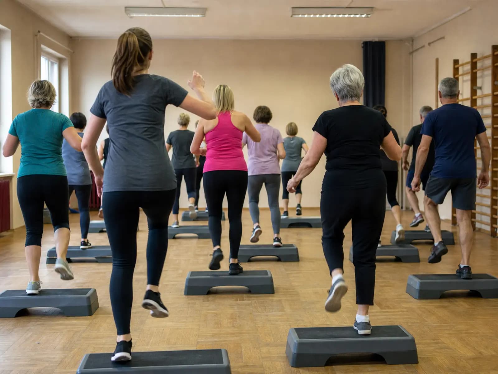Grupa ćwiczy aerobik na stepach w sali fitness